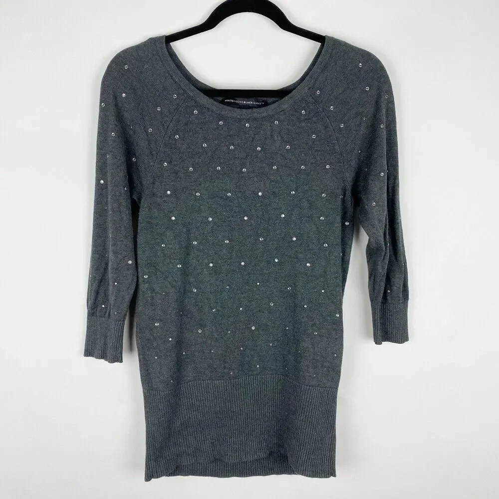 White House Black Market Rhinestone Embellished Scoop Neck Sweater Womens M Gray